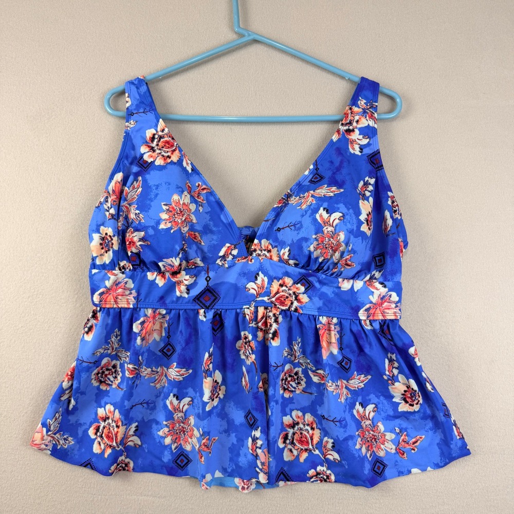 American Beach Maurices Floral Tankini Top BlueCoral VNeck Peplum Babydoll 2X